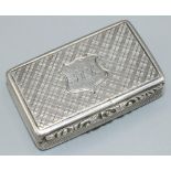 Victorian hallmarked silver rectangular snuff box, hinged lid with initialled cartouche on a hatched