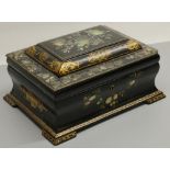 Victorian papier mache rectangular jewellery box, chinoiserie decorated with flowers, stepped hinged
