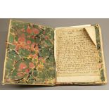 Vellum bound c19th scrap book, containing hand-written prose, riddles, etc. and articles from the