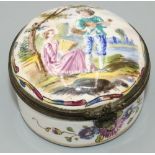 C19th French white enamel circular box, gilt metal mounted hinged lid painted with lovers in a