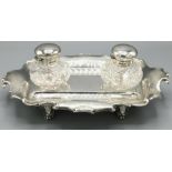 Edward VII hallmarked silver rectangular inkstand, with scrolled edge on four scroll feet, the two