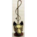 C20th cast iron and brass fox mask door porter with entwined crop handle, indistinctly stamped,
