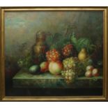 N. Reigen (C20th); Still life study of grapes and other fruit with a ewer on a marble top table, oil