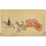 Chinese School (C20th); Figures with a horse drawn carriage, watercolour on silk laid on card, 16.5