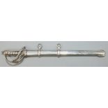 Victorian hallmarked silver miniature presentation sword, with scroll pierced guard in scabbard,