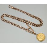 9ct yellow gold albert chain with dog clip clasp and T bar, stamped 375, with attached 1817 Geo. III