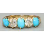 18ct yellow gold five stone diamond and turquoise ring, the three oval cabochon cut turquoises