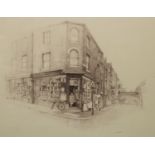 William Geldart (British Contemporary); 'The Corner Shop Altrincham' pencil, signed, 39cm x 49cm,