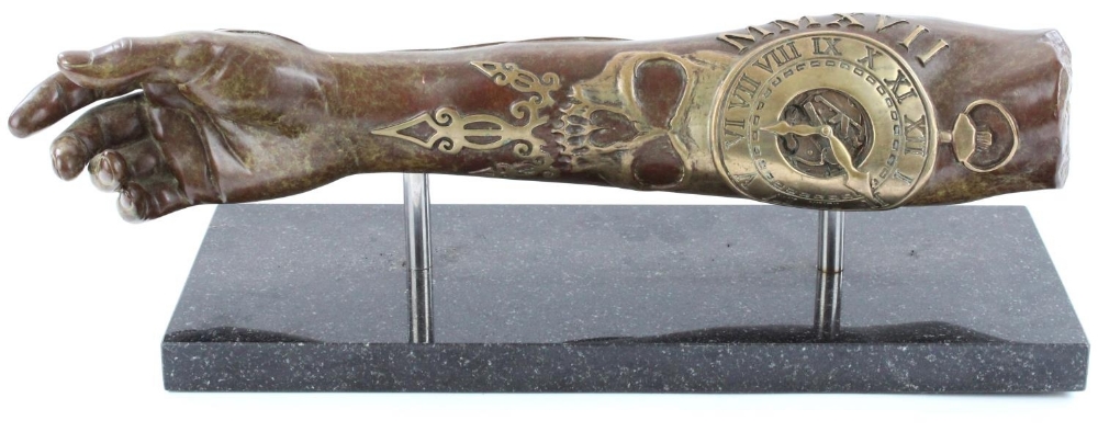 Dan Lane (British b1980-); 'Timeless', bronze sculpture of forearm with tattoos in relief, on