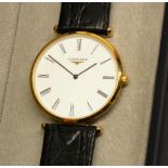 Longines gold plated quartz wristwatch, signed white Roman dial, two piece case on original Longines