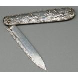 George IV hallmarked silver bladed soft fruit knife, handle with Hunting scenes in relief, by Joseph