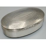 Victorian hallmarked engine turned silver oval table snuff box, hinged lid with vacant oval