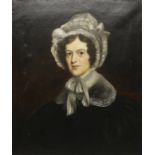 English School (C19th); Head and shoulder portrait study of a lady wearing black dress and ribbon