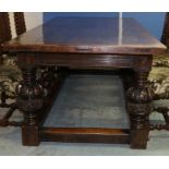 C17th style oak refectory table, cleated planked top on four fluted cup and cover supports with