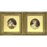 Pair of Victorian oval prints in giltwood and gesso moulded frames, aperture 23cm x 20cm, 33cm x