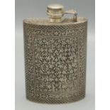 C20th silver hip flask, curved body decorated with trailing foliage in hatched border, hinged