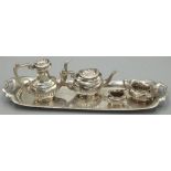 Elizabeth II hallmarked silver miniature four piece tea service on tray, by S J Rose & Son,