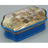 C19th blue Prattware shaped rectangular box, top printed with a battle scene, gilt detail, printed