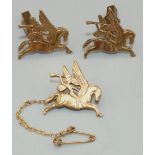 Pair of gold Pegasus and Bellerophon cuff links and matching tie pin, commissioned by a former