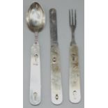 Edward VII hallmarked silver mother of pearl handled travelling folding knife, fork and spoon, blade