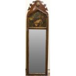 George III style mahogany Trumeau type mirror, arched top painted with still life study of flowers