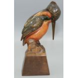 C20th Faust Lang painted carved wooden model of a Kingfisher on a rock, signed H15cm