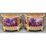 Pair of early C19th Davenport D-shaped bough pots with pierced covers, three panels each painted