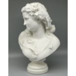 After Albert-Ernest Carrier-Belleuse; Parianware head and shoulder bust of a young girl with flowers