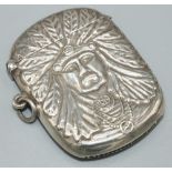 American Sterling silver rounded rectangular vesta case, back and front relief decorated with a