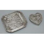 Early C20th Chinese silver heart shaped pill box with hinged cover, all over decorated with