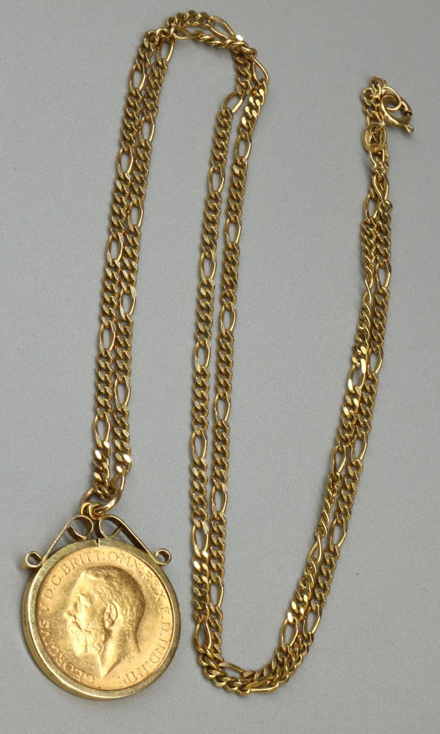 Geo.V 1912 sovereign in 9ct yellow gold pendant mount, stamped 375, gross 9.8g, on 18ct yellow - Image 2 of 2