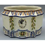 C19th Prattware shaped oval tea caddy, relief decorated with anthemion and portrait medallion, W13cm