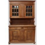 Victorian pitch pine side cabinet, moulded cornice and two nine panel glazed doors above an open