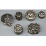 Collection of seven continental shaped pill boxes with Peru, scarab violin and other decoration, all