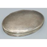 George III unmarked silver oval snuff box, with domed hinged lid engraved with initials S.I on base,