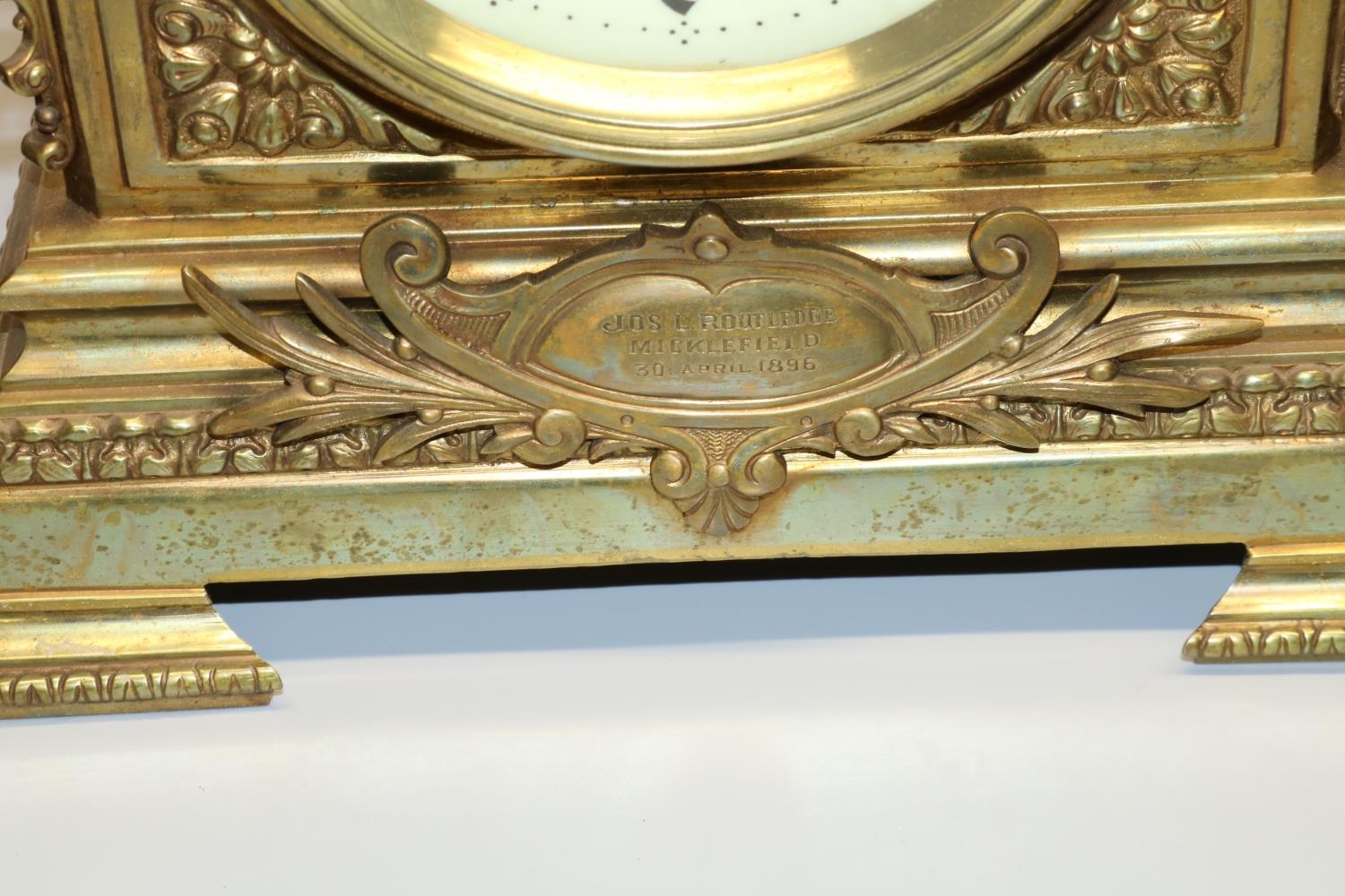 F. Marti, late 19th century brass presentation three-piece clock garniture, cream Arabic dial, - Image 2 of 3