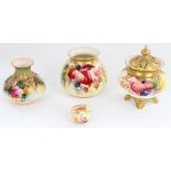 Royal Worcester pot pourri vase and cover, the bulbous vase with reticulated gilt cover, body