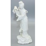 Small Blanc de Chine porcelain model of a garlanded female with flower basket, on naturalistic base,