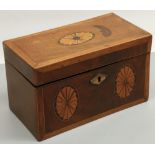 Early C19th satinwood crossbanded rectangular tea caddy, inlaid with three fan paterae, interior