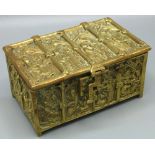 Belgian cast brass reliquary casket, all over decorated with Biblical scenes in Gothick arched