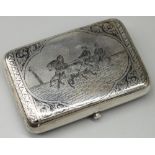 C19th Russian silver rectangular cigarette case, hinged lid niello decorated with a Troika in shaped