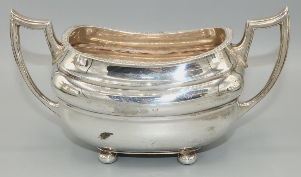 George.VI hallmarked silver four piece tea service, ovoid bodies with gadrooned rims on ball feet, - Image 4 of 5