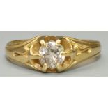18ct yellow gold solitaire ring, round cut diamond in claw set mount, hallmarks rubbed (18 visible),