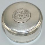 George III hallmarked silver cylindrical box, cover applied with an early English hammered coin,