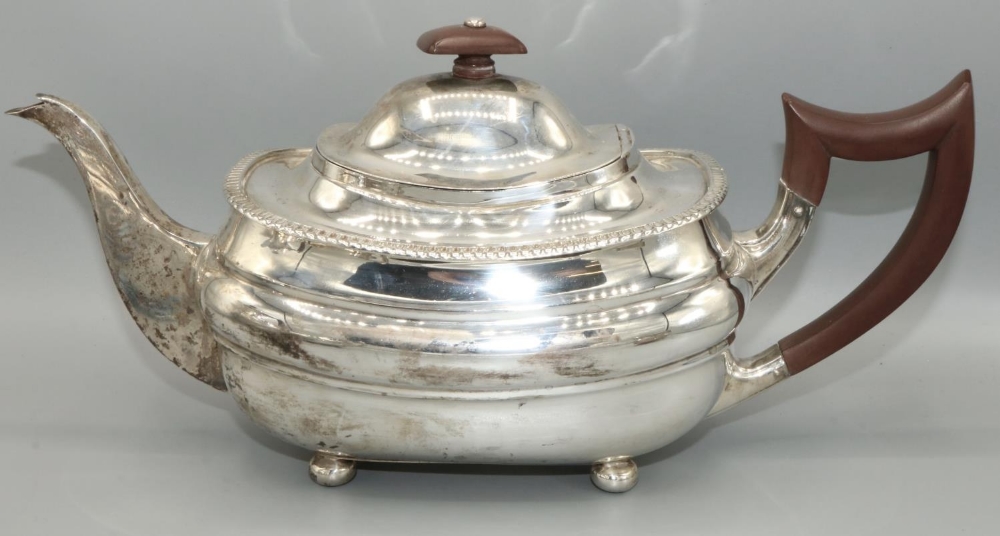 George.VI hallmarked silver four piece tea service, ovoid bodies with gadrooned rims on ball feet, - Image 3 of 5