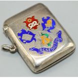 Edwardian hallmarked silver rectangular vesta case, enamelled with four crests for 'Comfort and