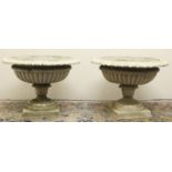 Pair of white painted cast metal lobed campana shaped garden urns, square bases, D52cm H36cm (2)