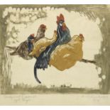 Hans Christian Barenholdt (Danish 1890-1976); Chickens roosting on a branch, woodcut, signed, titled
