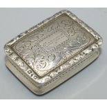 William IV hallmarked silver small vinaigrette, hinged cover engraved Margaret in cartouche on