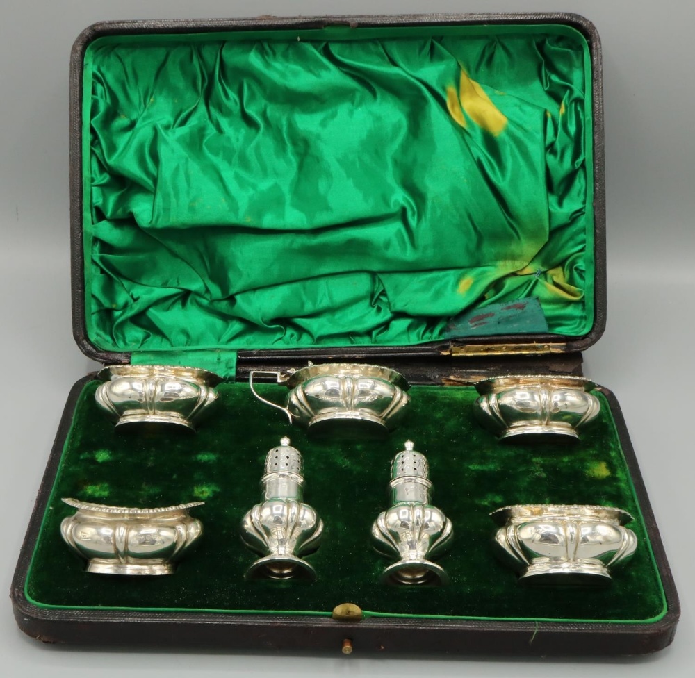 Victorian hallmarked silver seven piece cruet set, lobed bodies with gadrooned borders by Walker & - Image 2 of 2